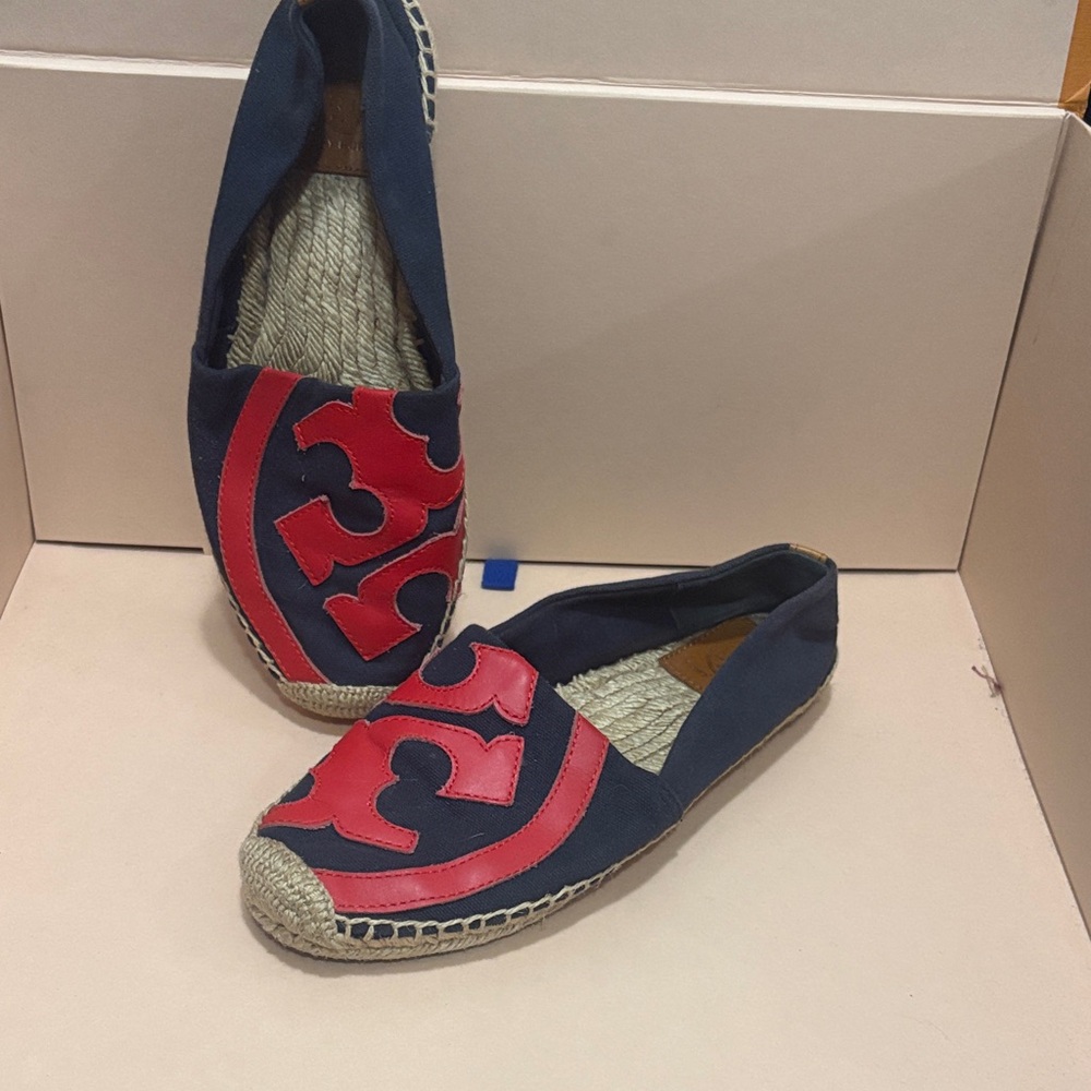Tory Burch Navy Canvas Espadrilles with Red Logo Appliqué